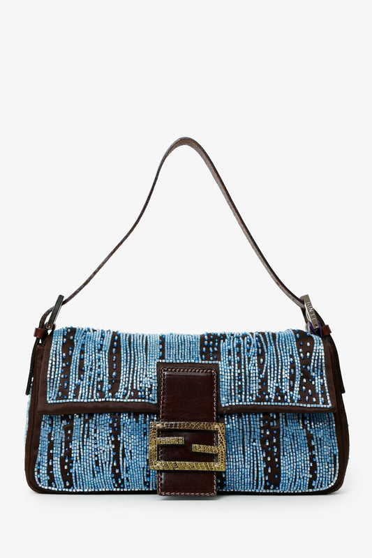 Fendi Brown/Blue Satin Beaded Baguette Shoulder Bag