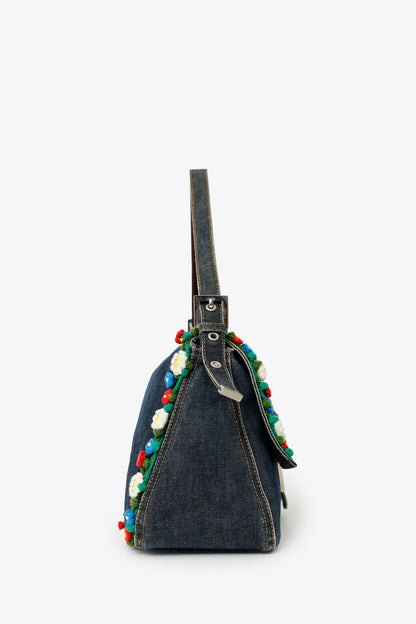 Fendi Blue Denim Crochet Floral Embellished Mama Baguette Shoulder Bag