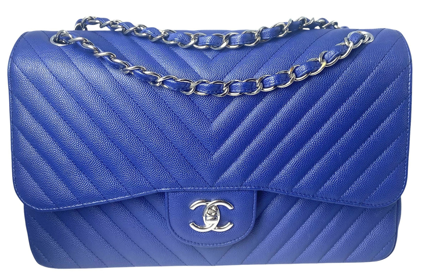 Chanel 2019 Bright Blue Caviar Chevron Quilted Jumbo Double Flap Timeless Classic Bag Shw