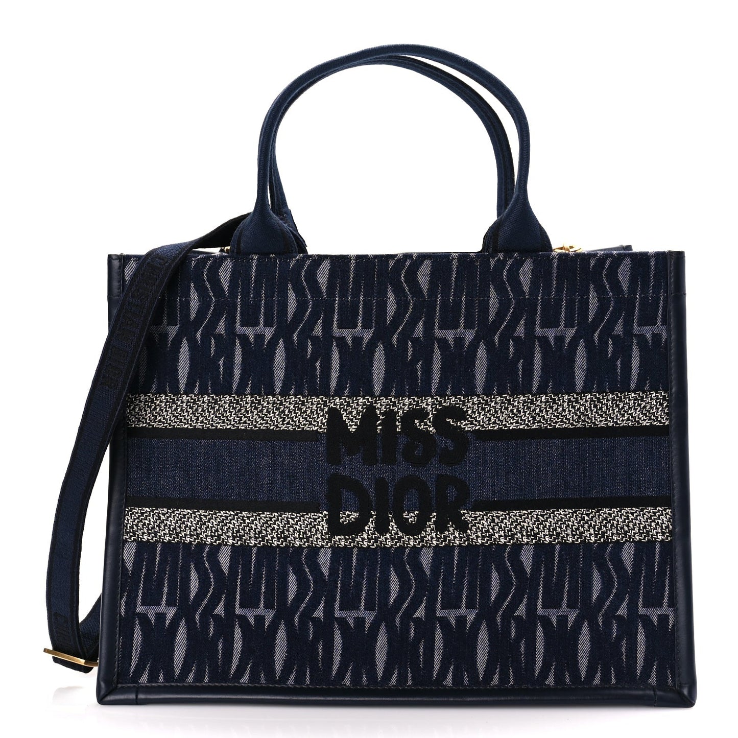 Christian Dior Canvas Calfskin Embroided Medium Miss Dior All Over Book Tote Denim Multicolor