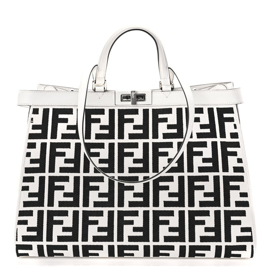 Fendi Canvas Vitello King FF Embroidered Medium Peekaboo X-Tote White Rice Black