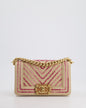 Chanel Small Raffia Boy Bag with Metallic Pink Chevron Stitch and Brushed Gold Hardware