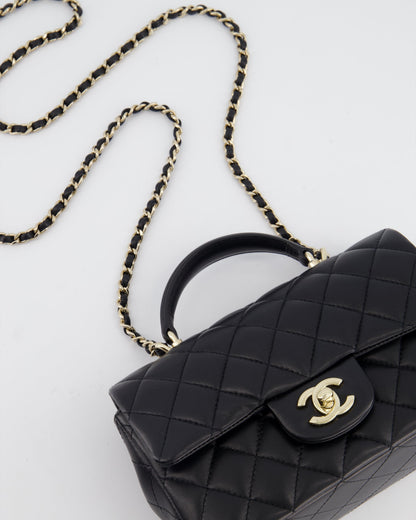 Chanel Black Mini Rectangular Top Handle Flap Bag in Lambskin with Champagne Gold Hardware