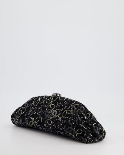 Chanel Black Timeless Clutch Bag in Fabric with Gunmetal Hardware and Crystal Logo Details
