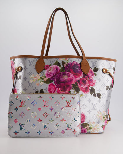 *LIMITED EDITION* Louis Vuitton Garden Capsule 2022 Neverfull MM Bag in Silver and Pink Floral Monogram Canvas with Brown Leather and Gold Hardware