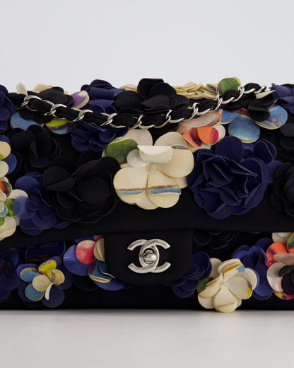 Chanel 15C Navy Camelia Embroidered Flap Bag in Fabric with Silver Hardware