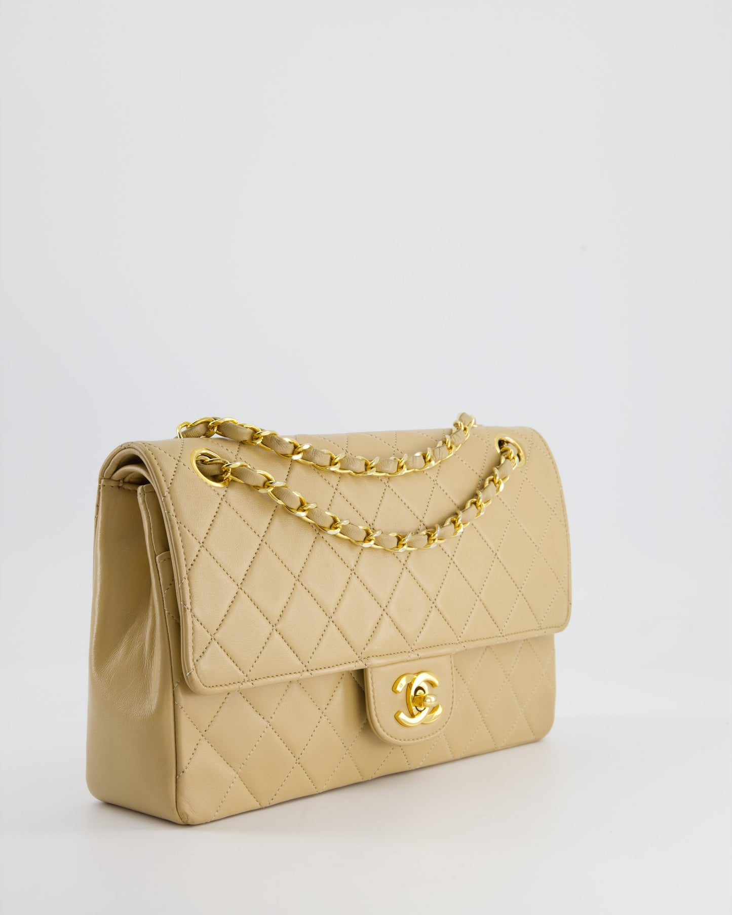 Chanel Beige Classic Medium Double Flap Bag in Lambskin Leather with 24K Gold Hardware and Stitched Edge
