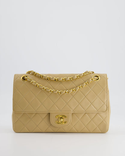Chanel Beige Classic Medium Double Flap Bag in Lambskin Leather with 24K Gold Hardware and Stitched Edge