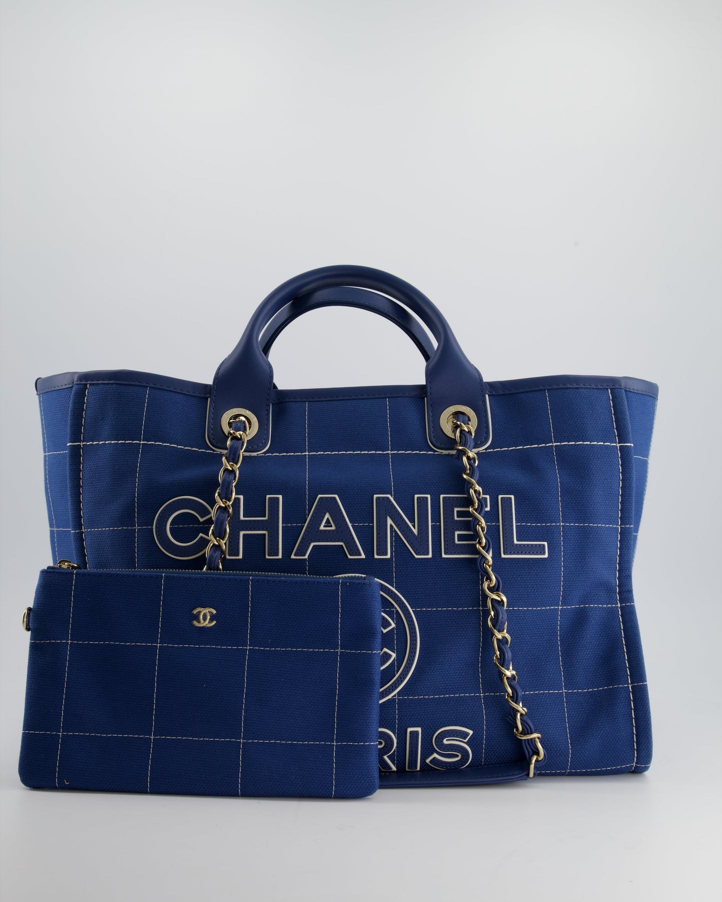 Chanel Deauville Medium Canvas Blue Gold Tote Style