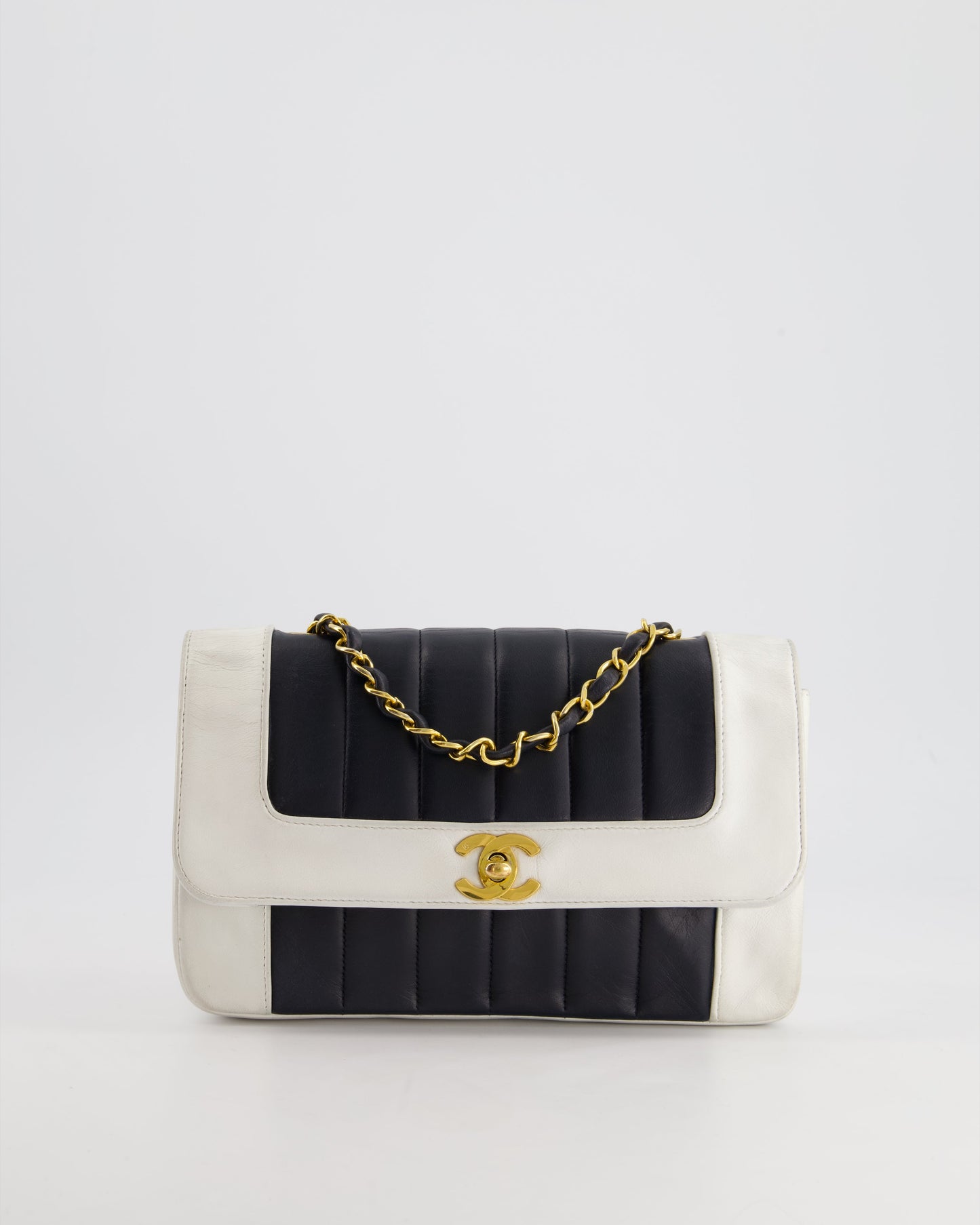 Chanel Flap Lambskin Leather Black White Gold Shoulder Bag Style