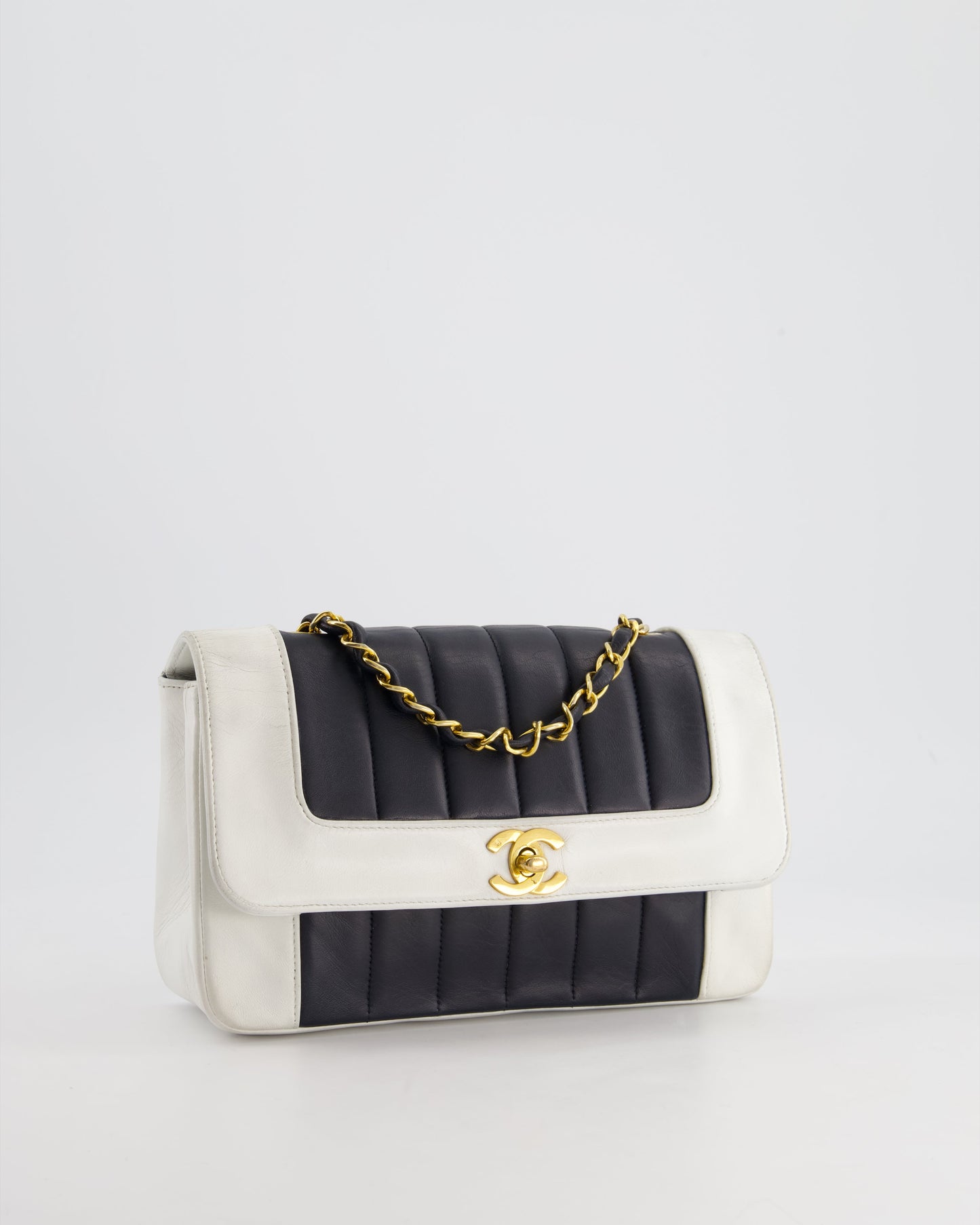 Chanel Flap Lambskin Leather Black White Gold Shoulder Bag