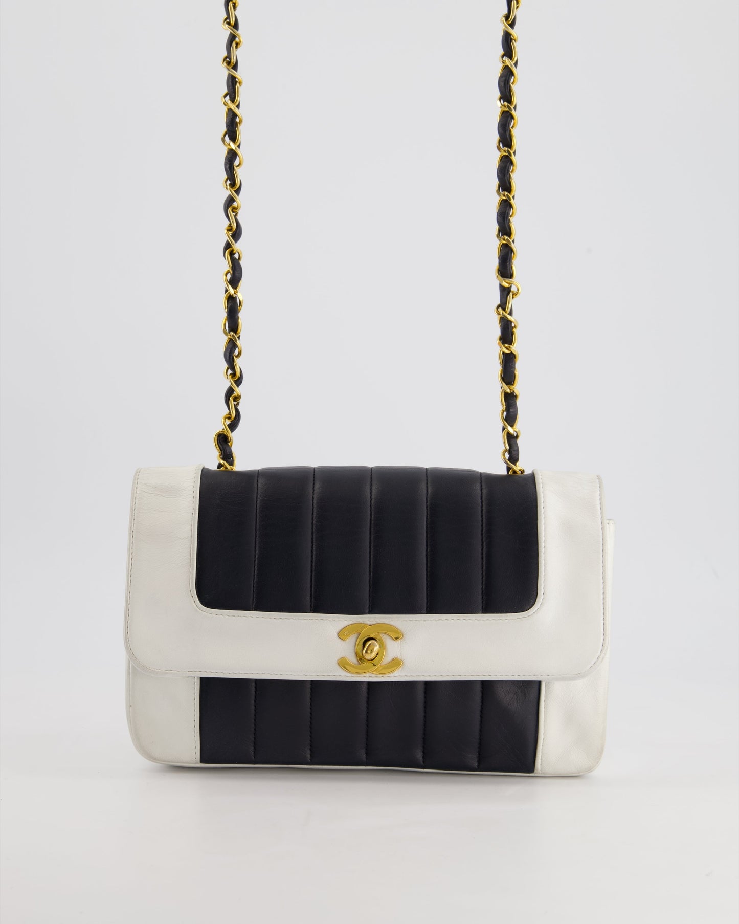 Chanel Flap Lambskin Leather Black White Gold Shoulder Bag