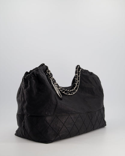 Chanel Black Aged Calfskin Leather Shopper Tote Bag with Silver Metal CC Charm