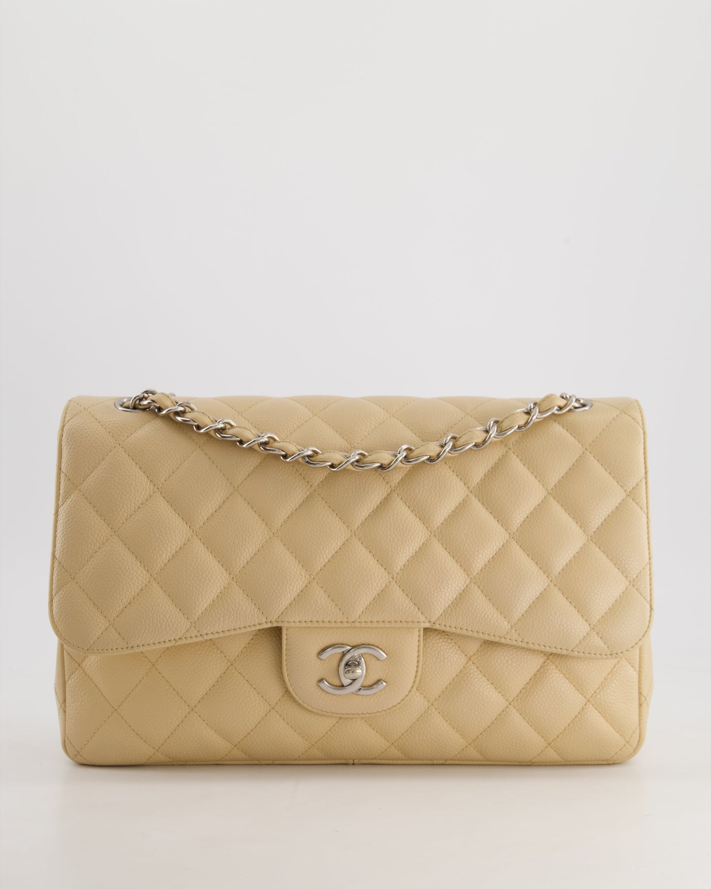 Chanel Flap Classic Caviar Leather Beige Silver Shoulder Bag