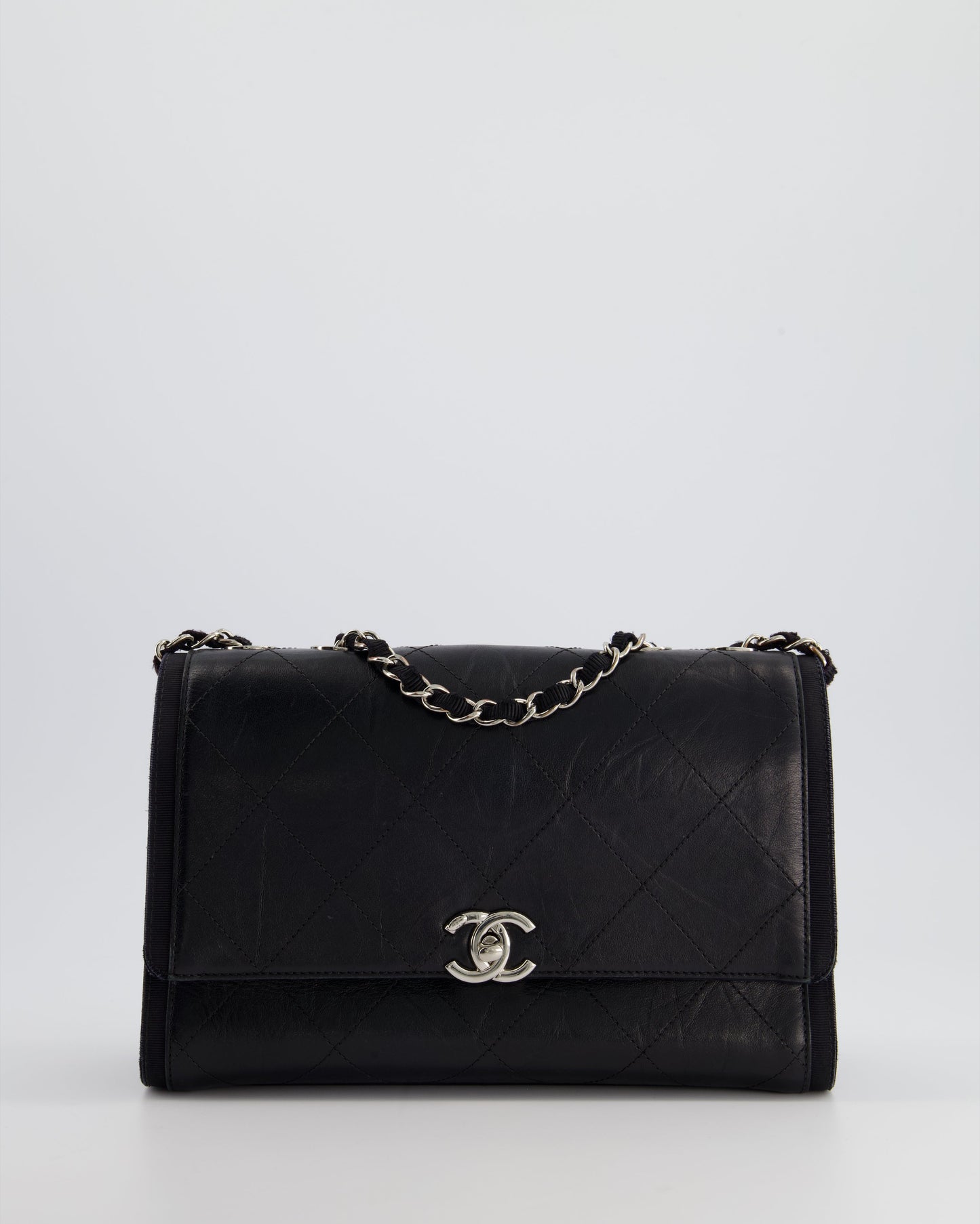 Chanel Flap Calfskin Leather Black Silver Shoulder Bag Style