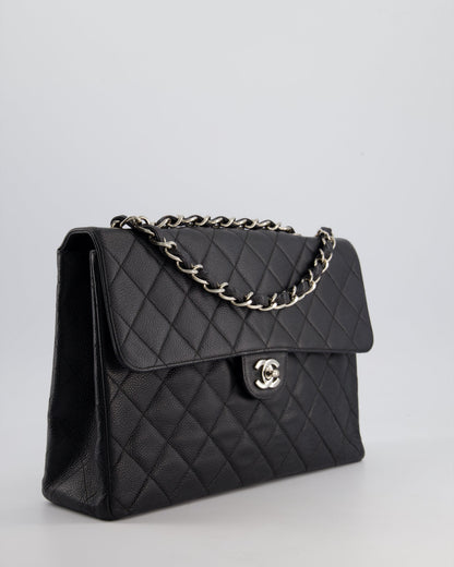 Chanel Black Quilted Caviar Square Jumbo Classic Single Flap Bag with Silver Hardware