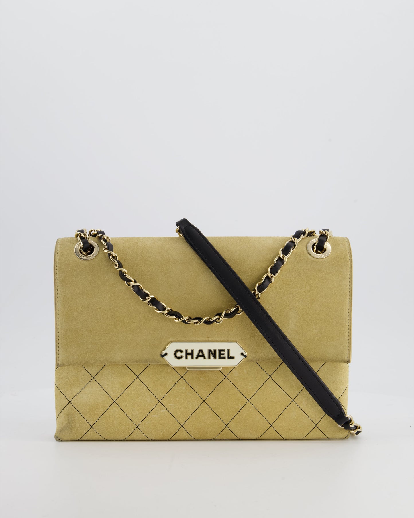 Chanel Flap Leather Black Beige Gold Chain Shoulder Bag