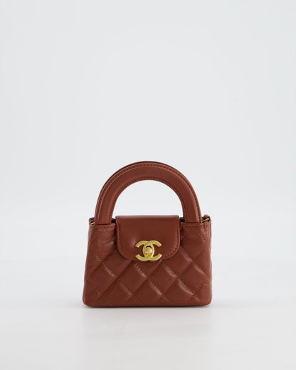Chanel Brown Nano Mini Kelly Shopping Bag in Aged Calfskin Leather with Brushed Antique Gold Hardware