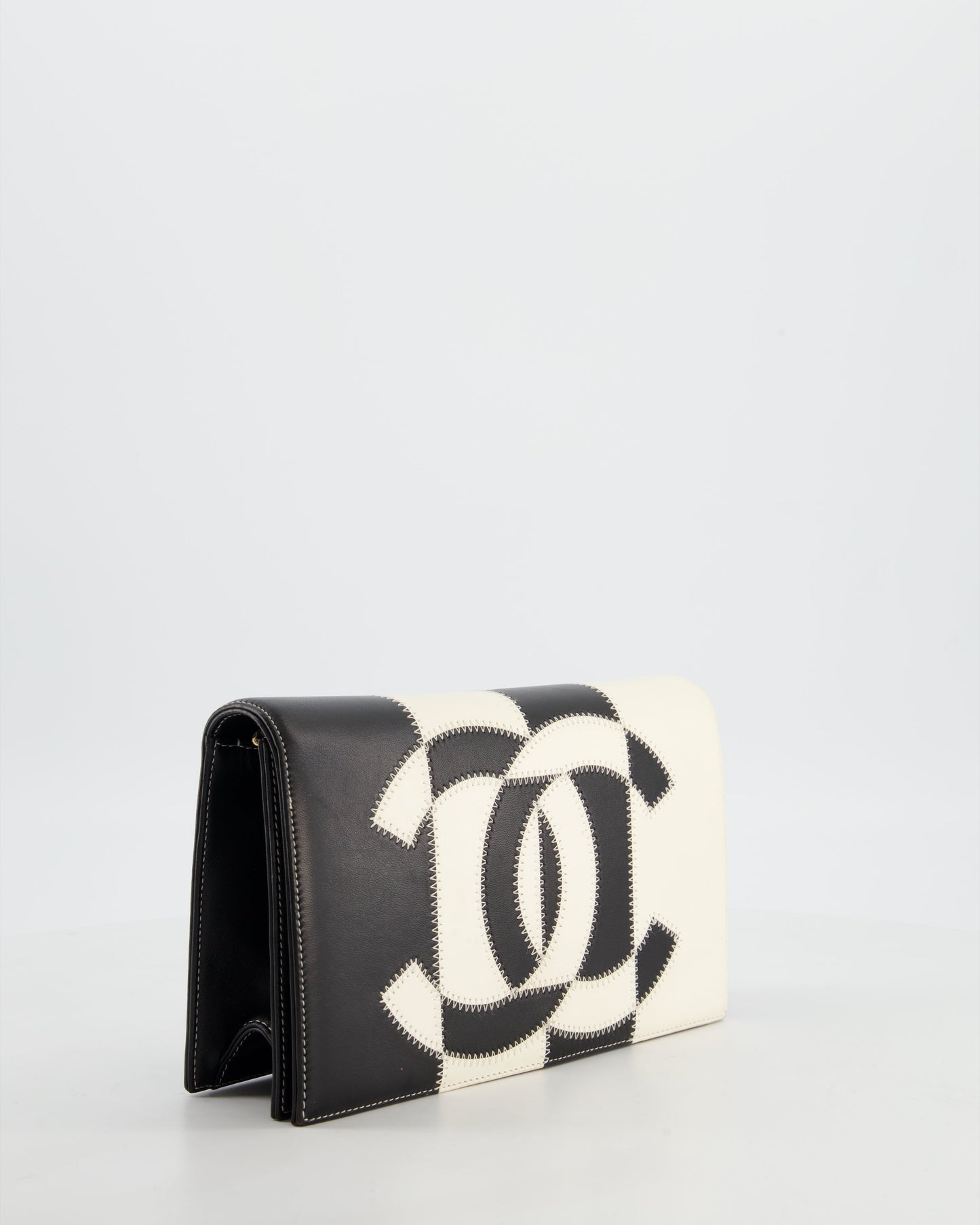 Chanel Lambskin Black White Gold Chain Clutch