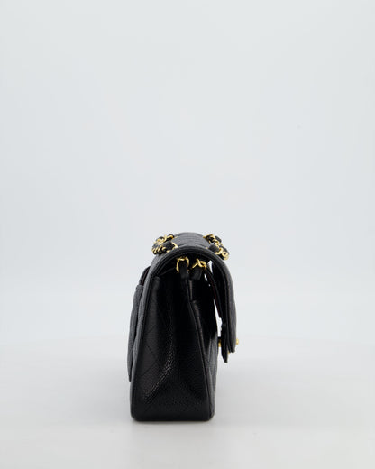 Chanel Flap Small Classic Caviar Leather Black Gold Shoulder Bag Style