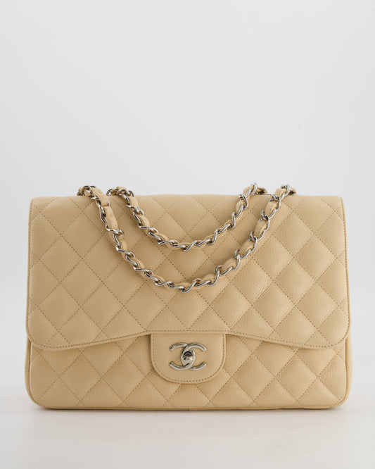 Chanel Flap Classic Caviar Leather Beige Silver Shoulder Bag Style 4