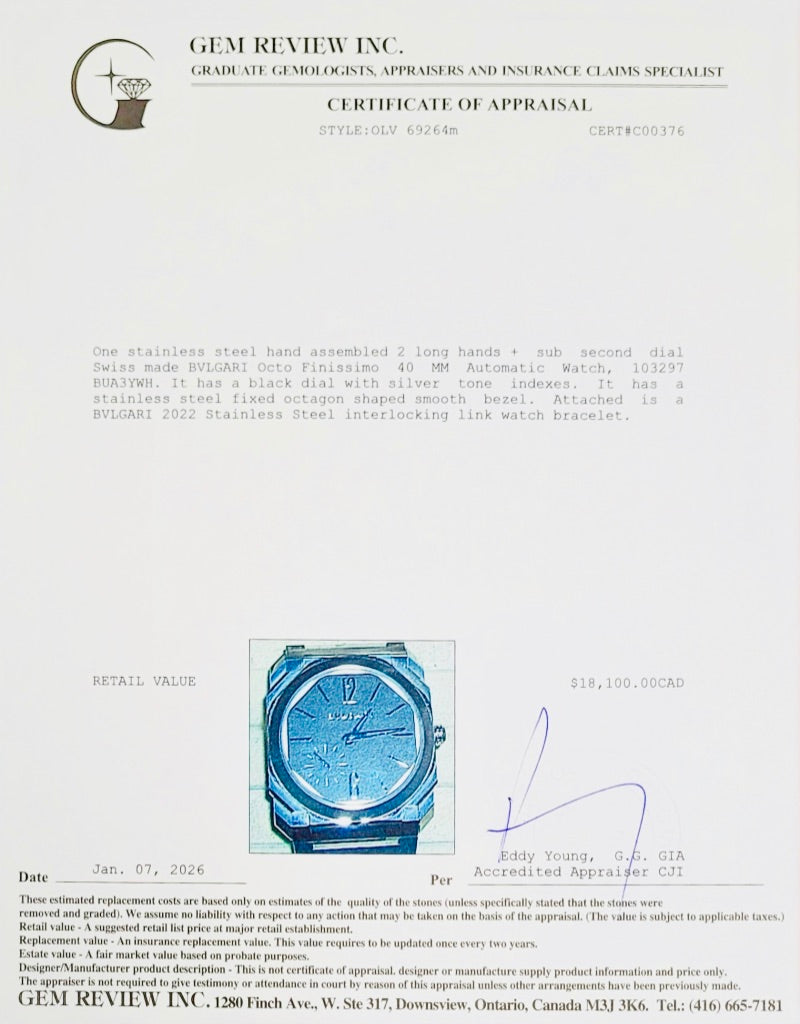 BVLGARI 2022 Stainless Steel Octo Finissimo 40 MM Automatic Watch Back Dial w/ Box & Papers