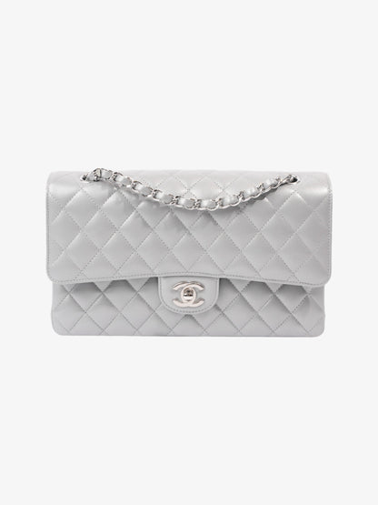 Chanel Classic Double Flap Silver Lambskin Leather Medium