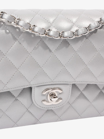 Chanel Classic Double Flap Silver Lambskin Leather Medium