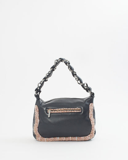 Chanel Black Leather Tweed Trim Wide Chain Shoulder Bag