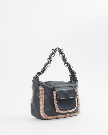 Chanel Black Leather Tweed Trim Wide Chain Shoulder Bag