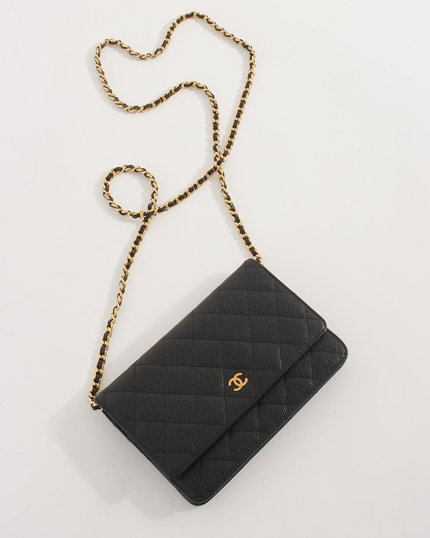 Chanel WOC Caviar Leather Black Gold Chain Crossbody Style