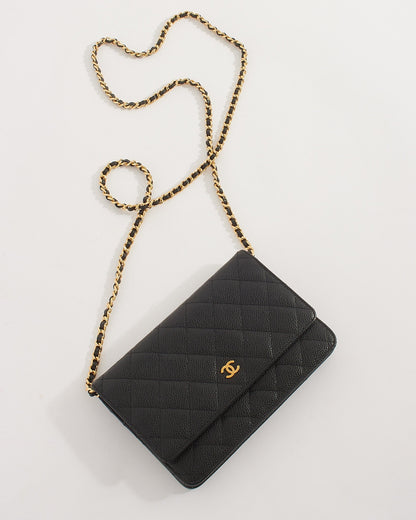 Chanel WOC Caviar Leather Black Gold Chain Crossbody Style