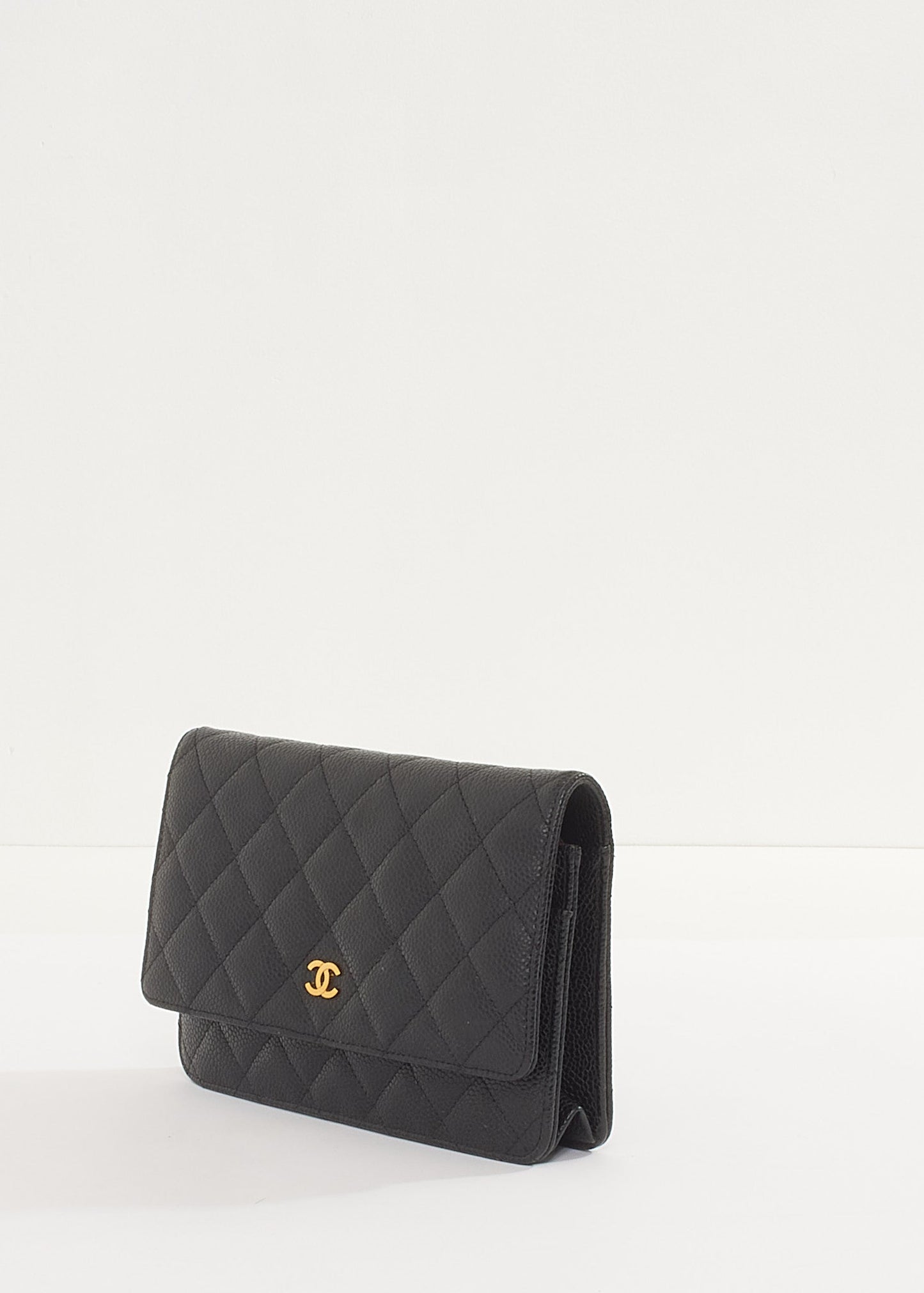 Chanel WOC Caviar Leather Black Gold Chain Crossbody Style