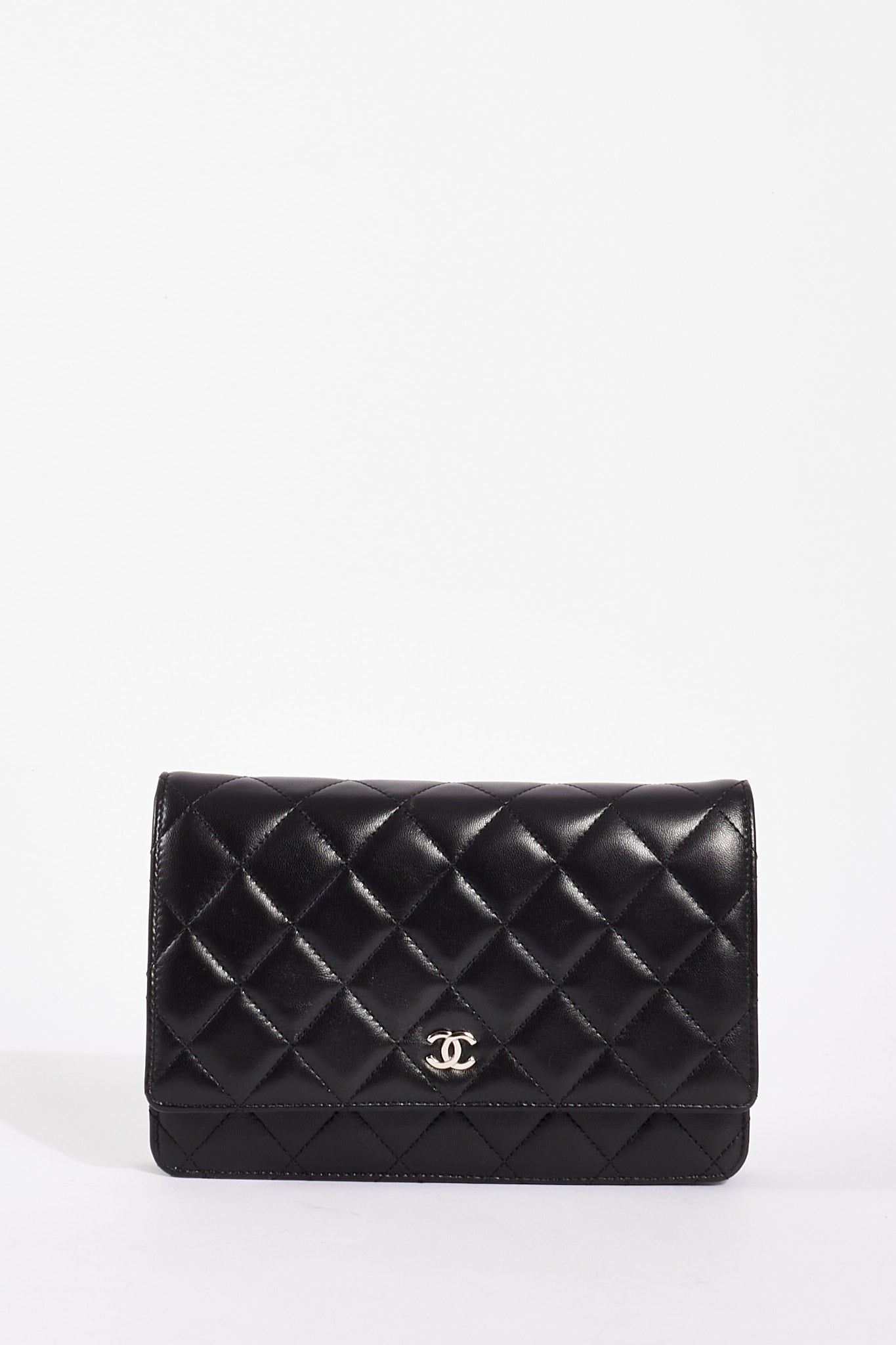 Chanel WOC Lambskin Leather Black Silver Chain Crossbody