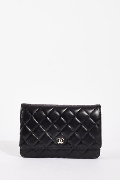 Chanel WOC Lambskin Leather Black Silver Chain Crossbody