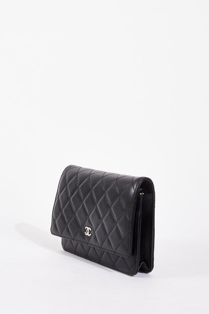 Chanel WOC Lambskin Leather Black Silver Chain Crossbody Style