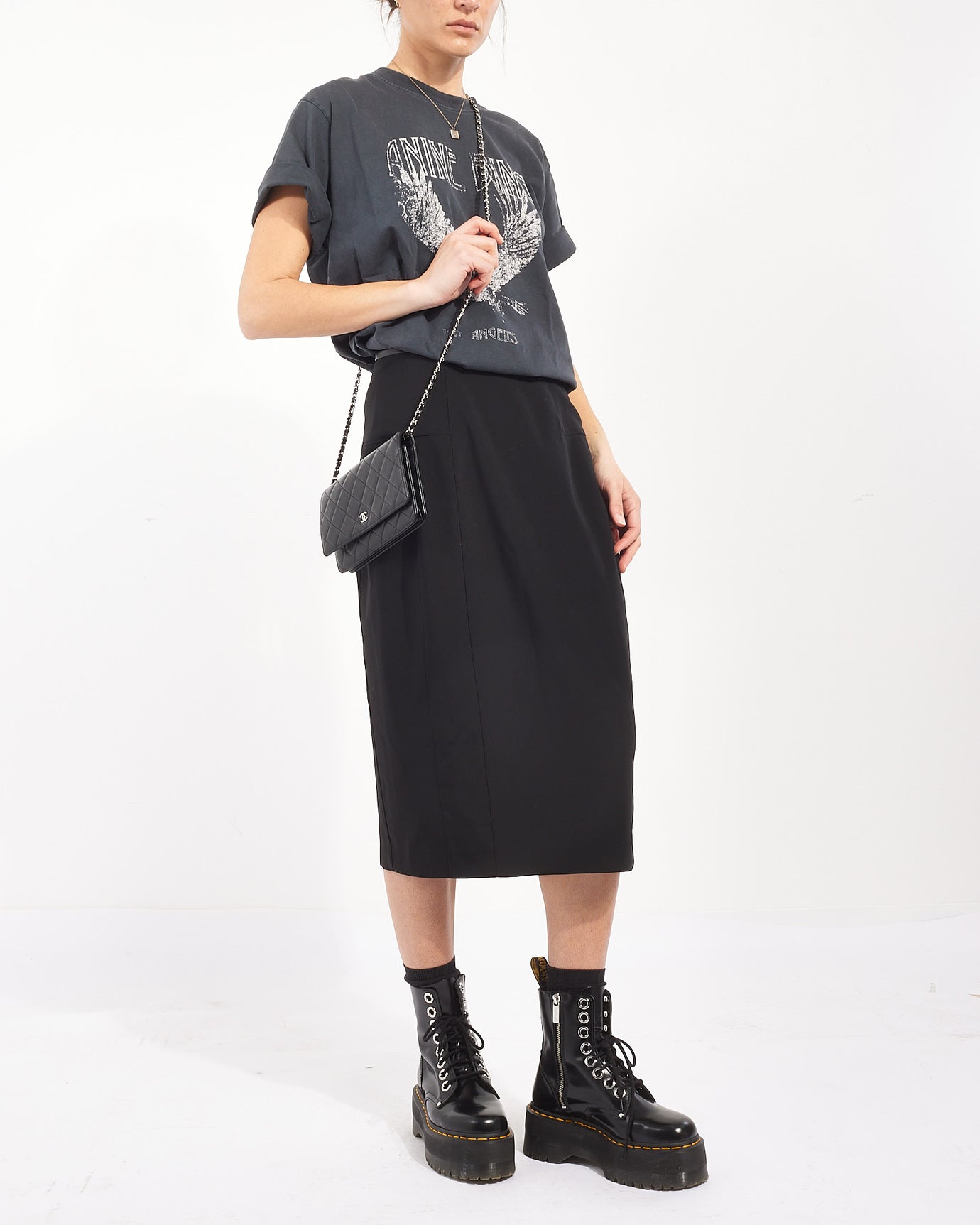 Chanel WOC Lambskin Leather Black Silver Chain Crossbody