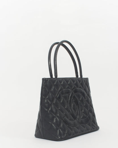 Chanel Black Caviar Leather Medallion Top Handle Bag