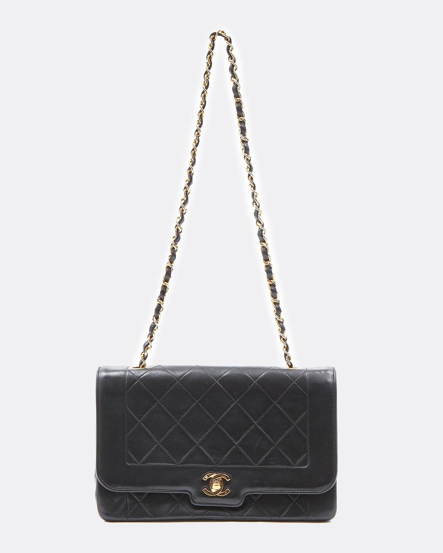 Chanel Black Lambskin Leather Quilted 24K Gold Diana Flap Bag