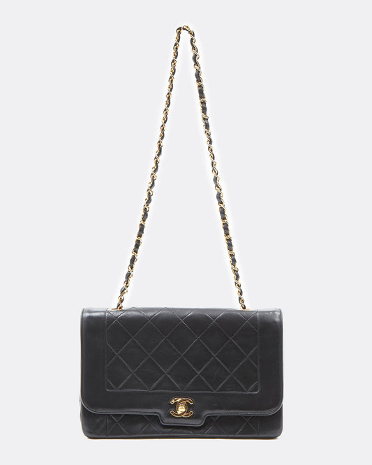 Chanel Black Lambskin Leather Quilted 24K Gold Diana Flap Bag