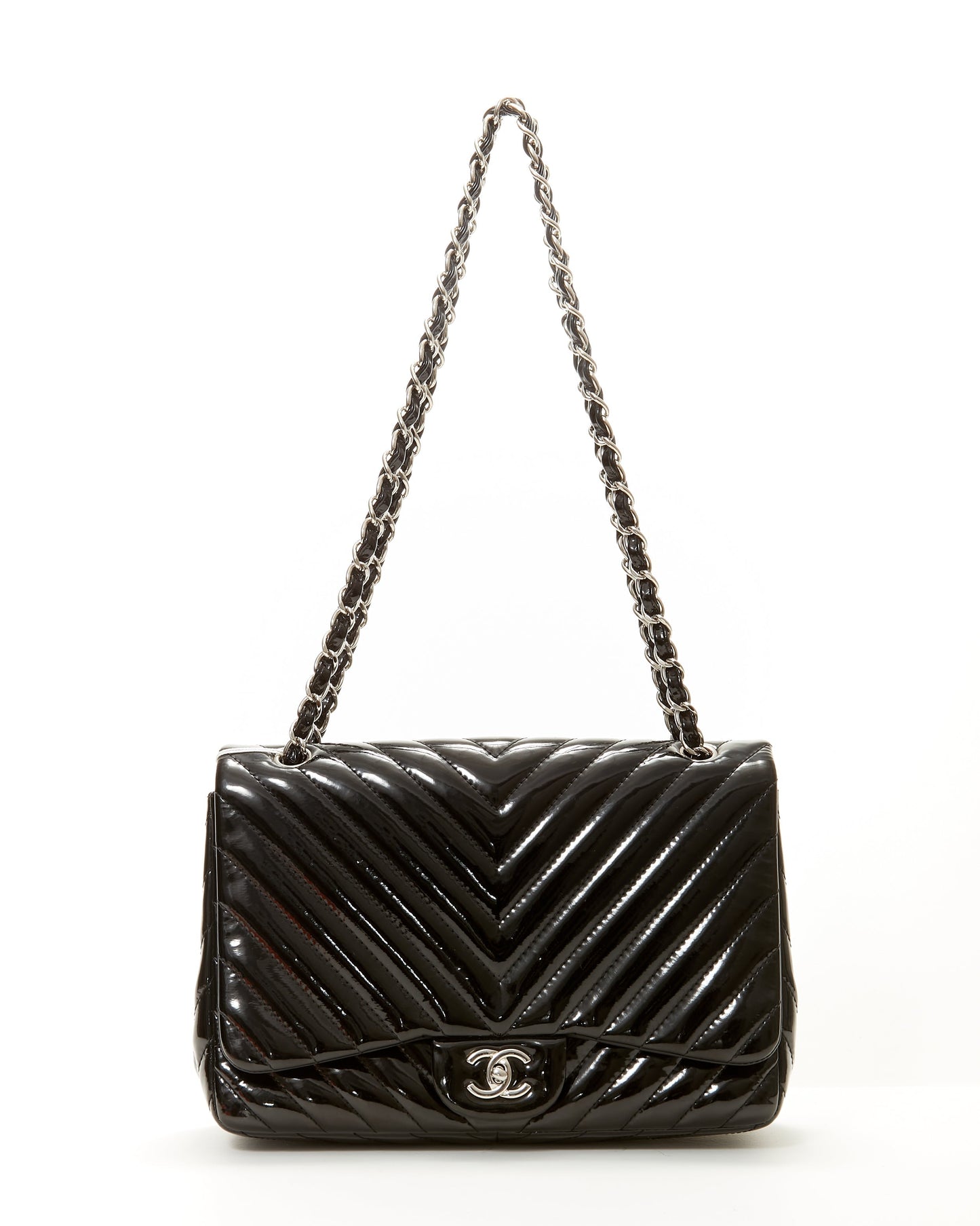 Chanel Black Patent Leather Chevron Jumbo Single Flap Bag