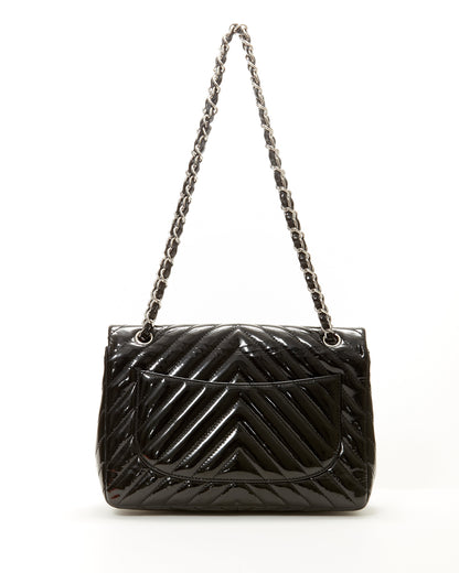 Chanel Black Patent Leather Chevron Jumbo Single Flap Bag