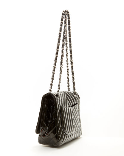 Chanel Black Patent Leather Chevron Jumbo Single Flap Bag