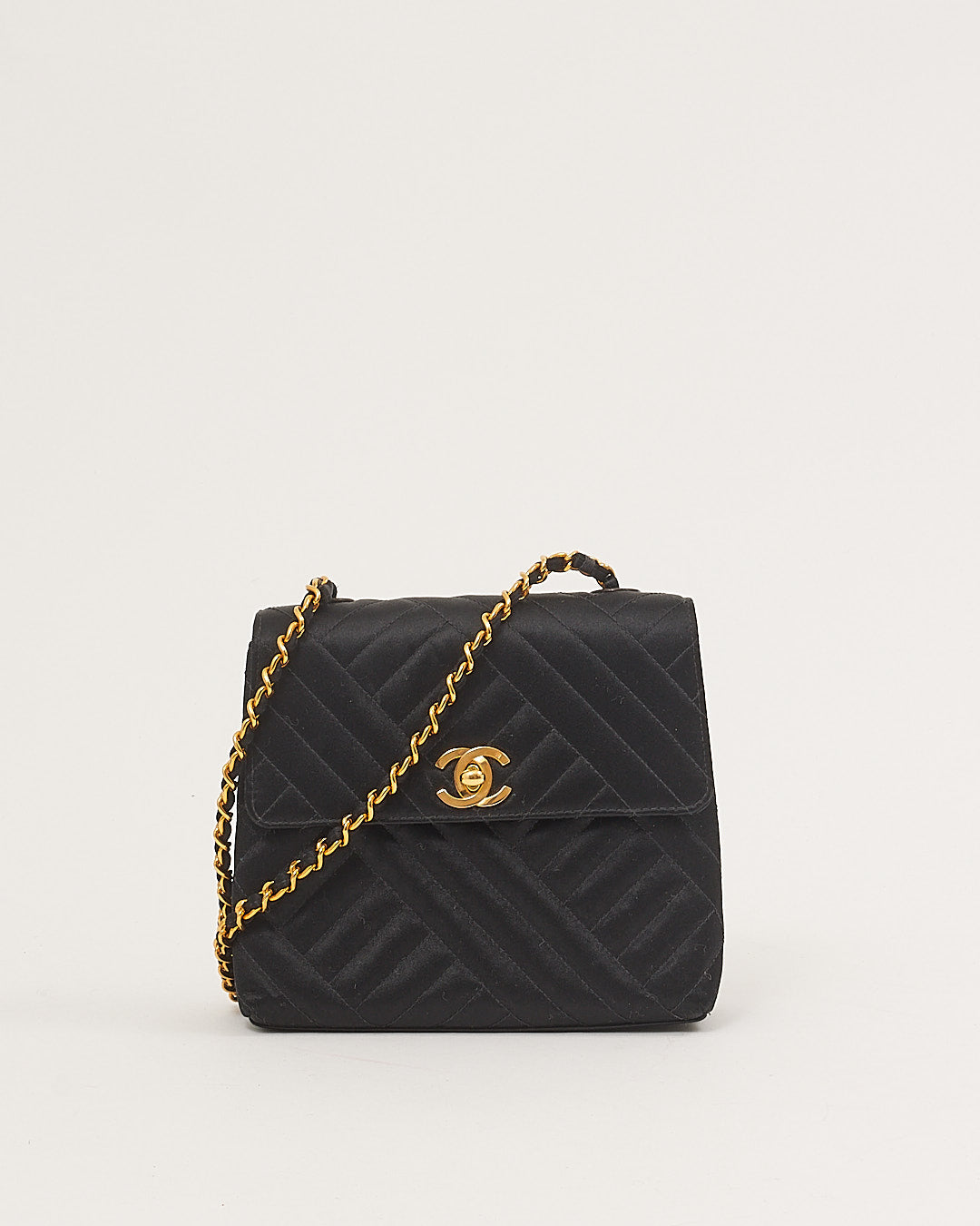 Chanel Black Satin 24K Gold Plated Square Flap Bag