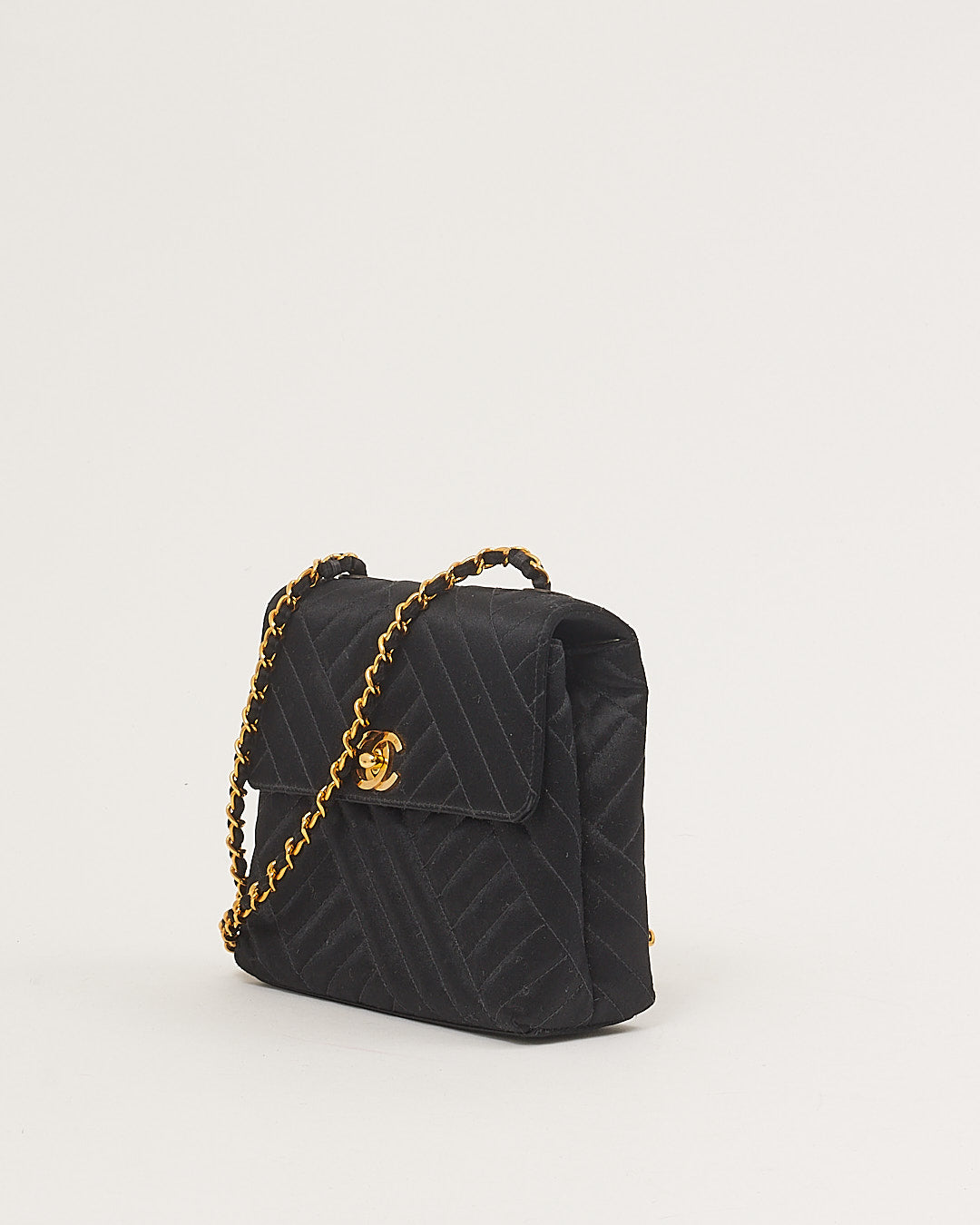 Chanel Black Satin 24K Gold Plated Square Flap Bag