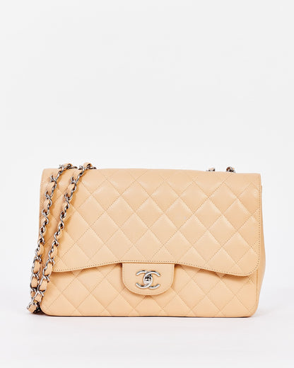 Chanel Beige Quilted Caviar Leather Jumbo Single Flap Bag with Silver Hardware