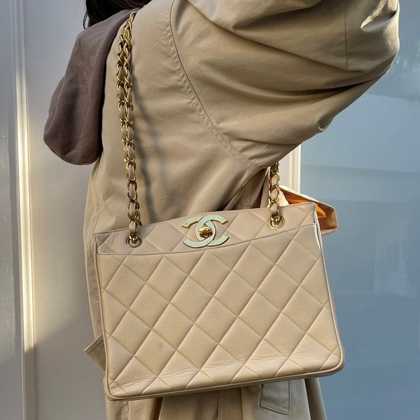 Chanel Lambskin Beige Chain Tote