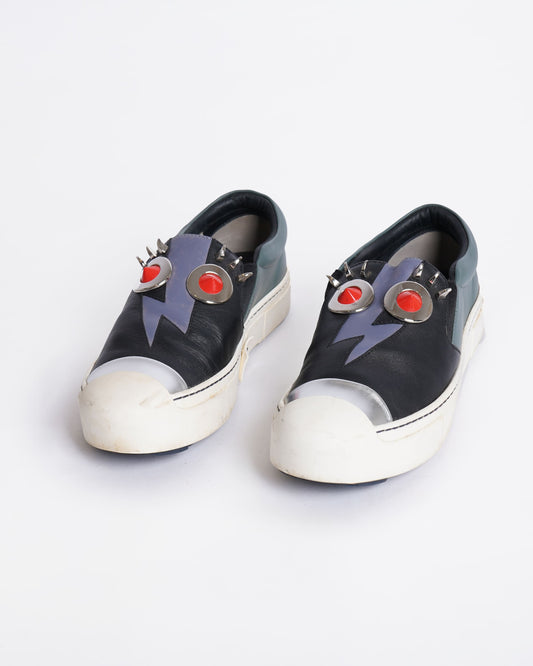 Fendi monster black leather slip on sneakers