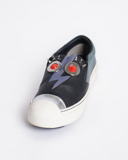 Fendi monster black leather slip on sneakers