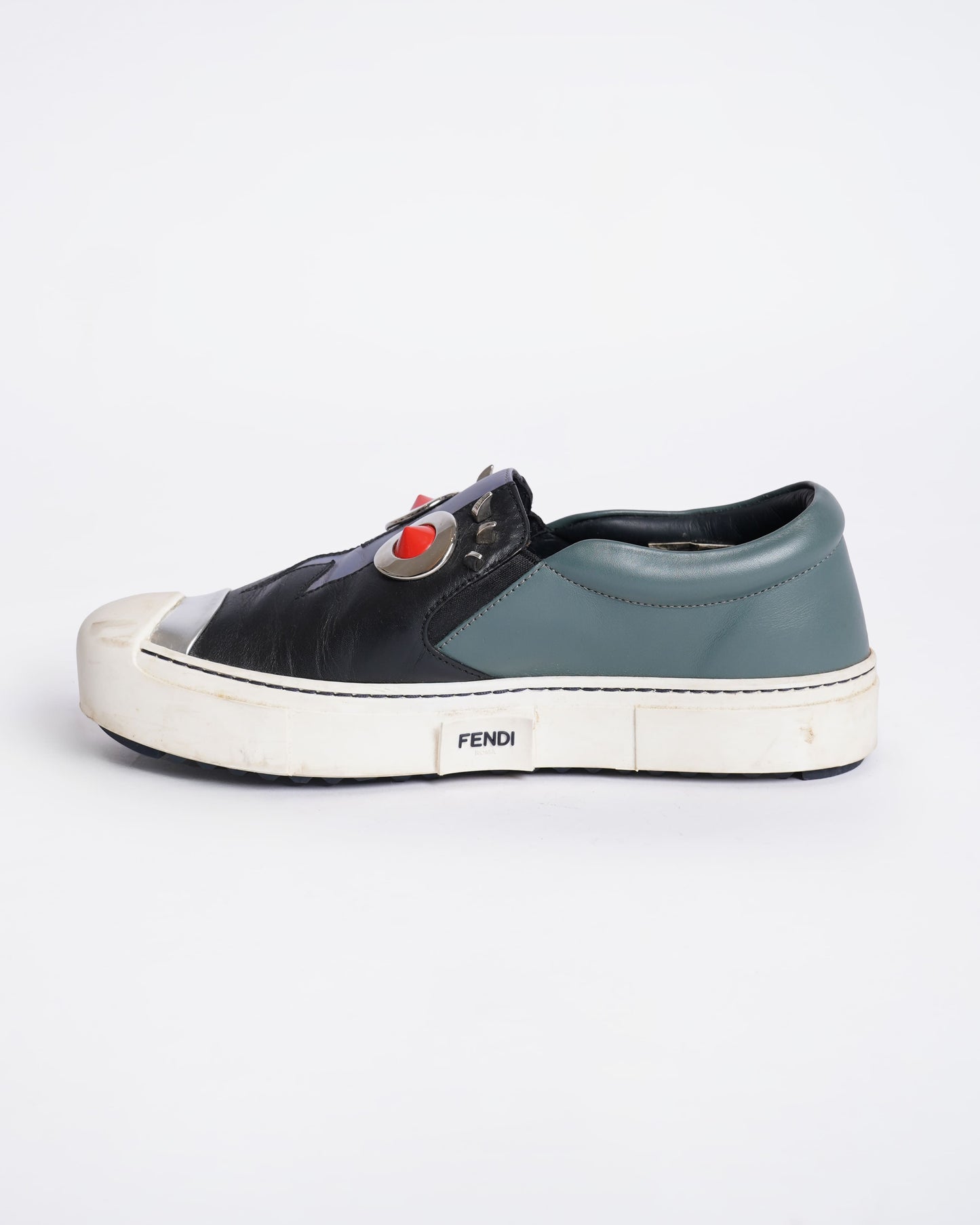Fendi monster black leather slip on sneakers